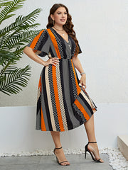  Colorblock Polka Dot Surplice Neck Midi Dress