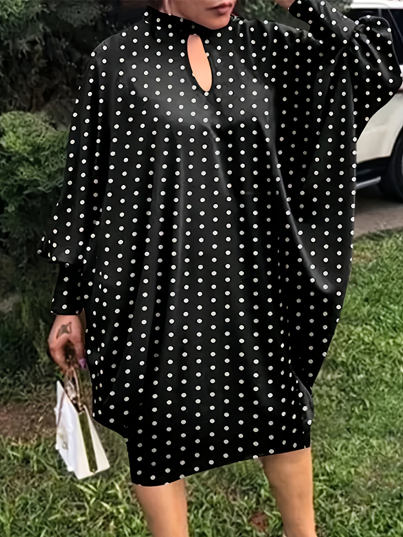 Polka Dot Print Cut Out Bat Sleeve Dress