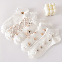 5 Pairs Cartoon Bear Print Socks & Ankle Socks Women's Stockings