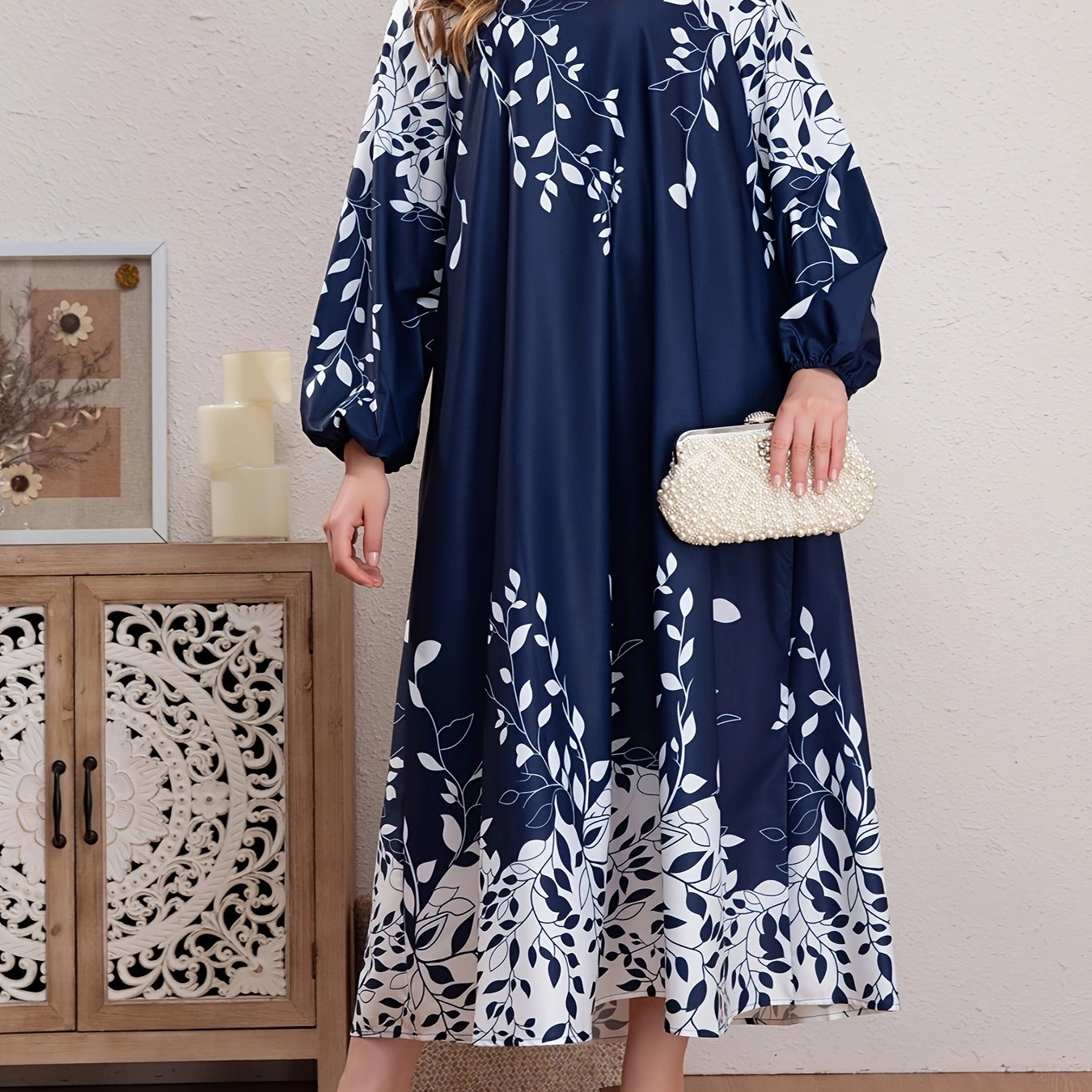  Boho Abaya Dress Women's Plus Leaf Print Lantern Sleeve Round Neck