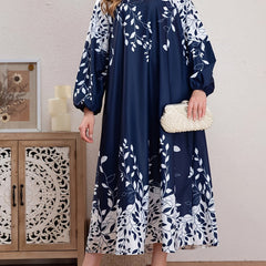  Boho Abaya Dress Women's Plus Leaf Print Lantern Sleeve Round Neck
