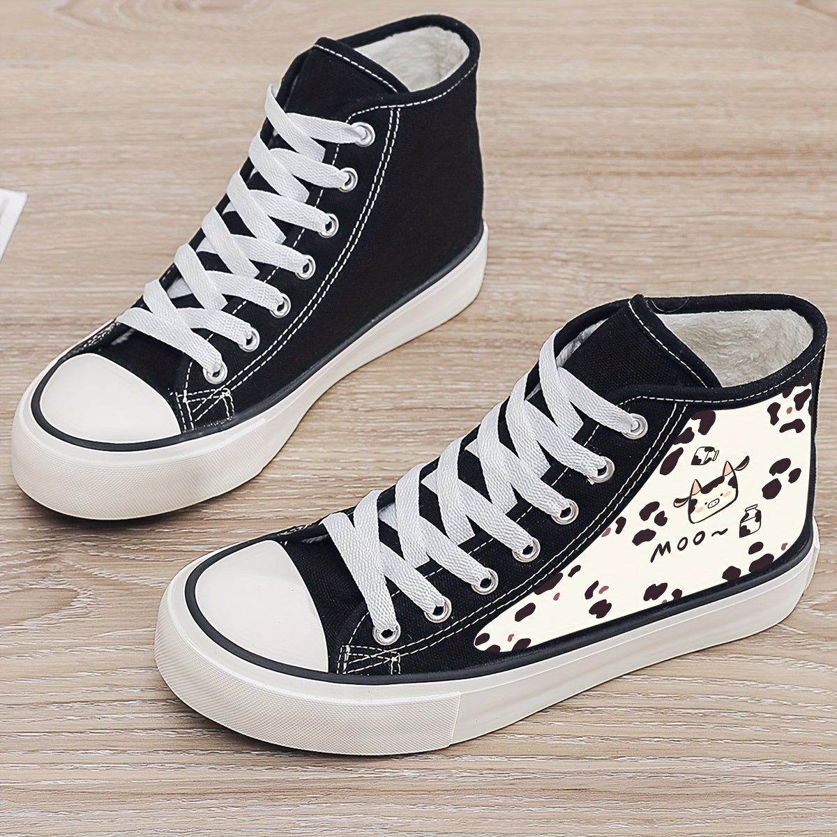 Cow Print Plush Lined Thermal Chunky Canvas Sneakers