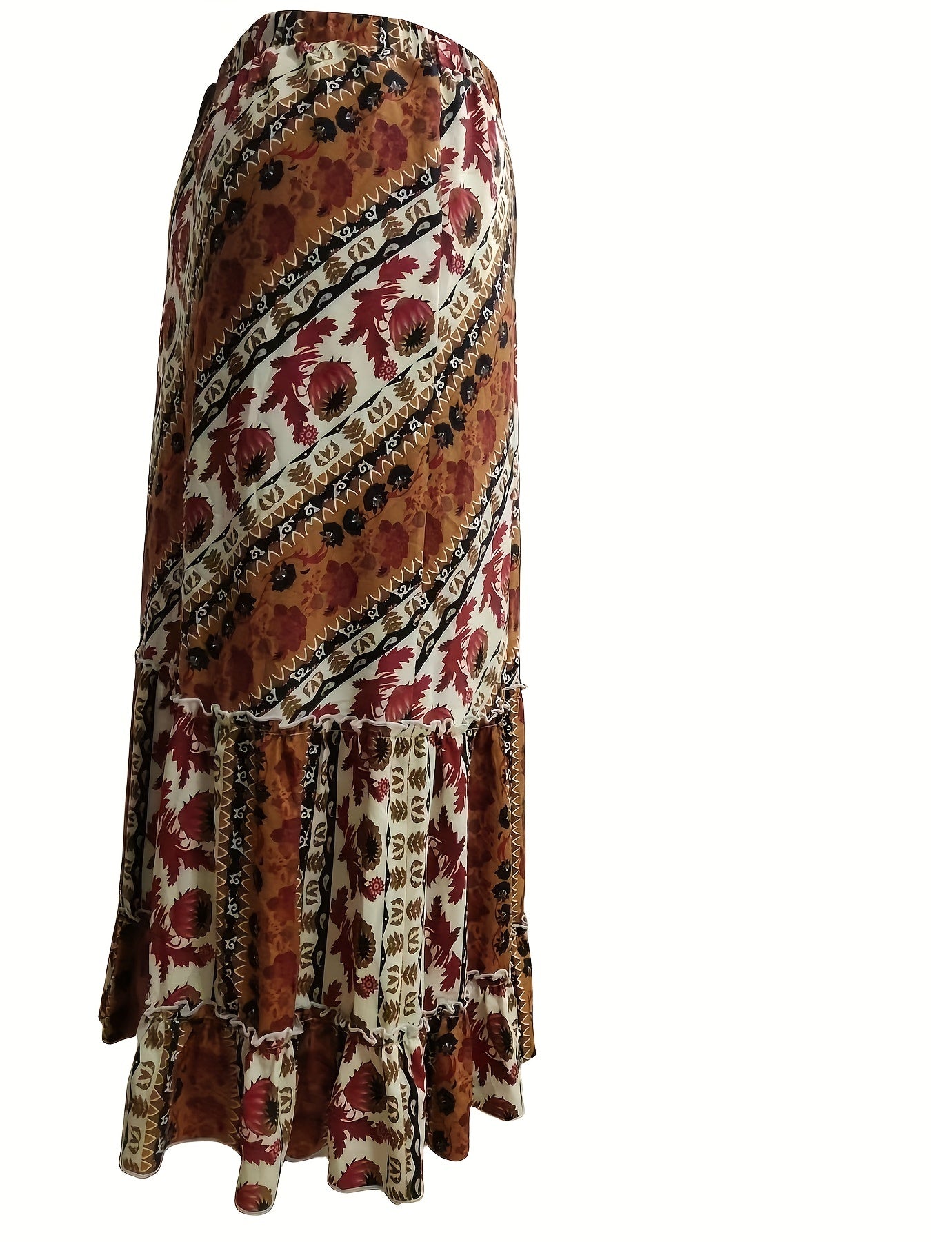  Tribal Print Ruffle Trim Maxi Skirt