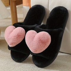 Plush Lined Heart Decor Slippers, Open Toe, Comfortable Indoor Shoes