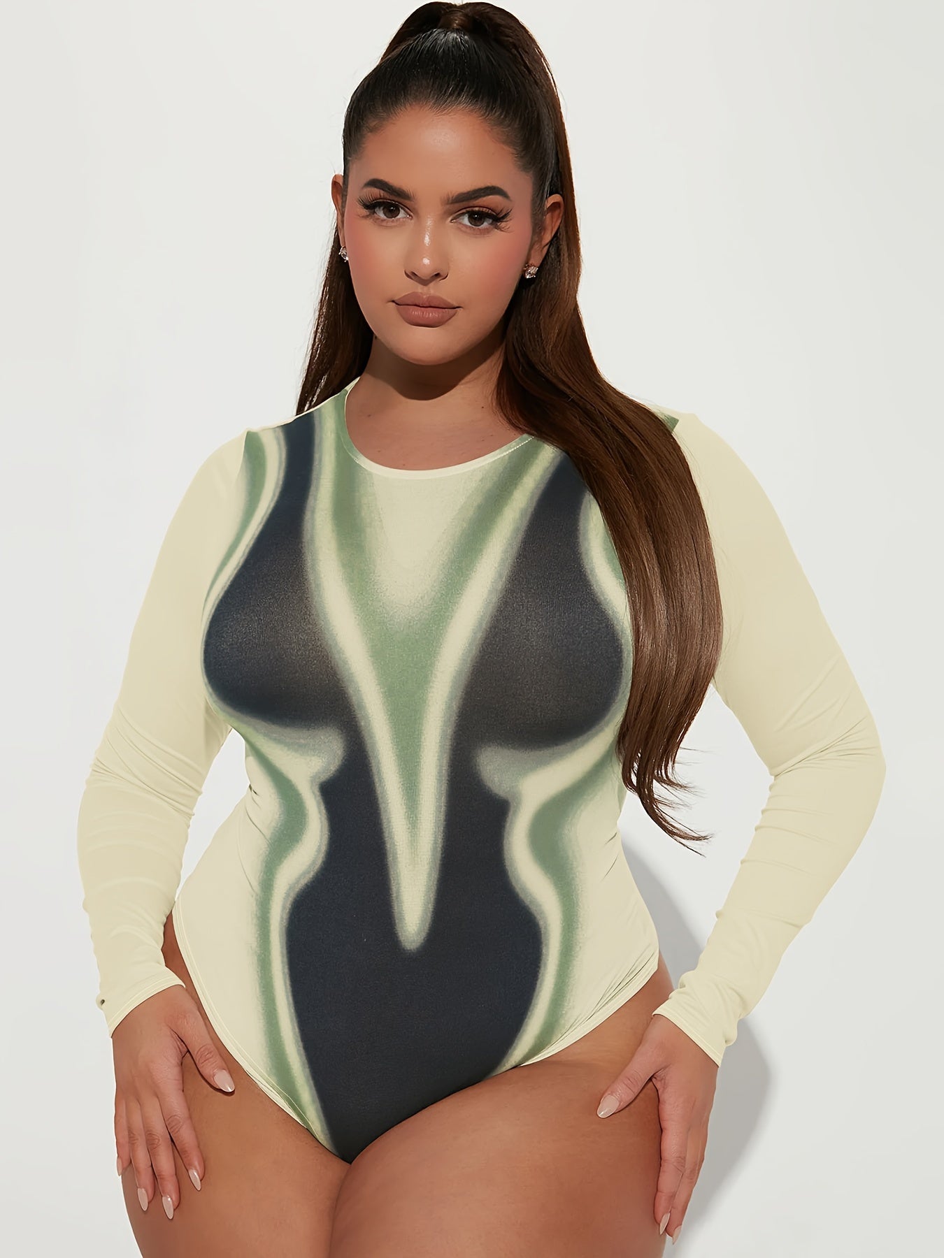  Sexy Bodysuit Women's Plus Body Print Long Sleeve