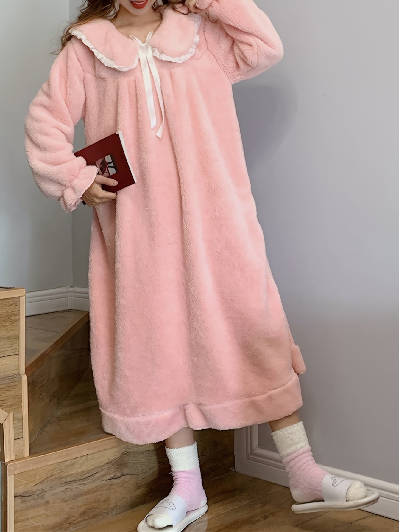 Fuzzy Ruffle NightDress Long Sleeve Bow Pajama Dress Women's Sleepwear