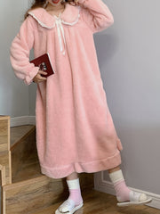 Fuzzy Ruffle NightDress Long Sleeve Bow Pajama Dress Women's Sleepwear