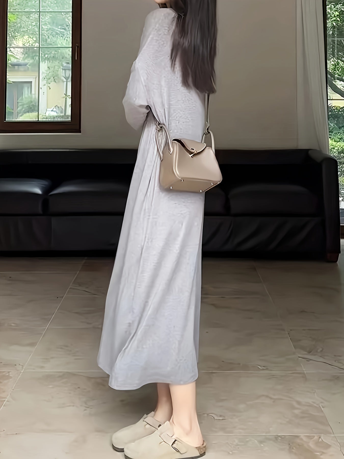  Solid Long Sleeve Maxi Dress With Pockets