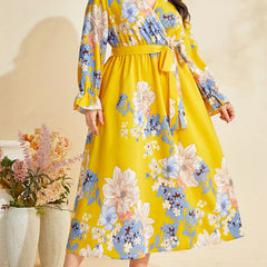  Floral Print Lantern Sleeve Dress With Belt