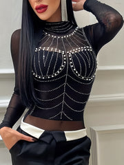 Sexy Sheer Beaded Slim Bodysuit Long Sleeve Mock Neck