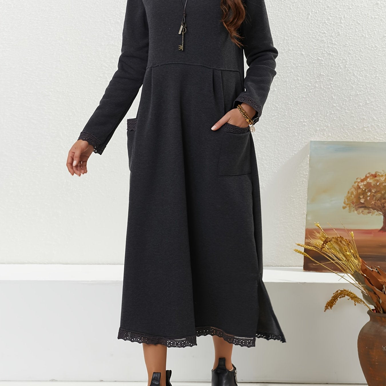  Lace Sleeve Maxi Dress with Pockets