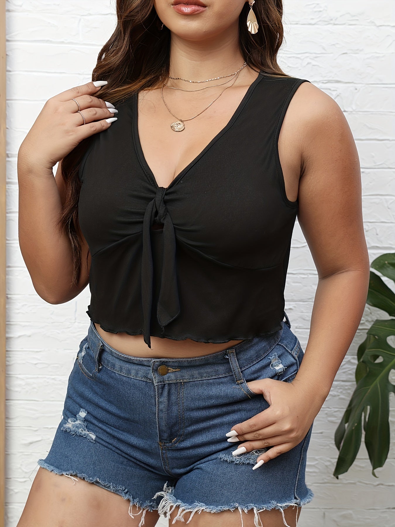  Sexy Tank Top Women's Plus Plain Knot Front V Neck