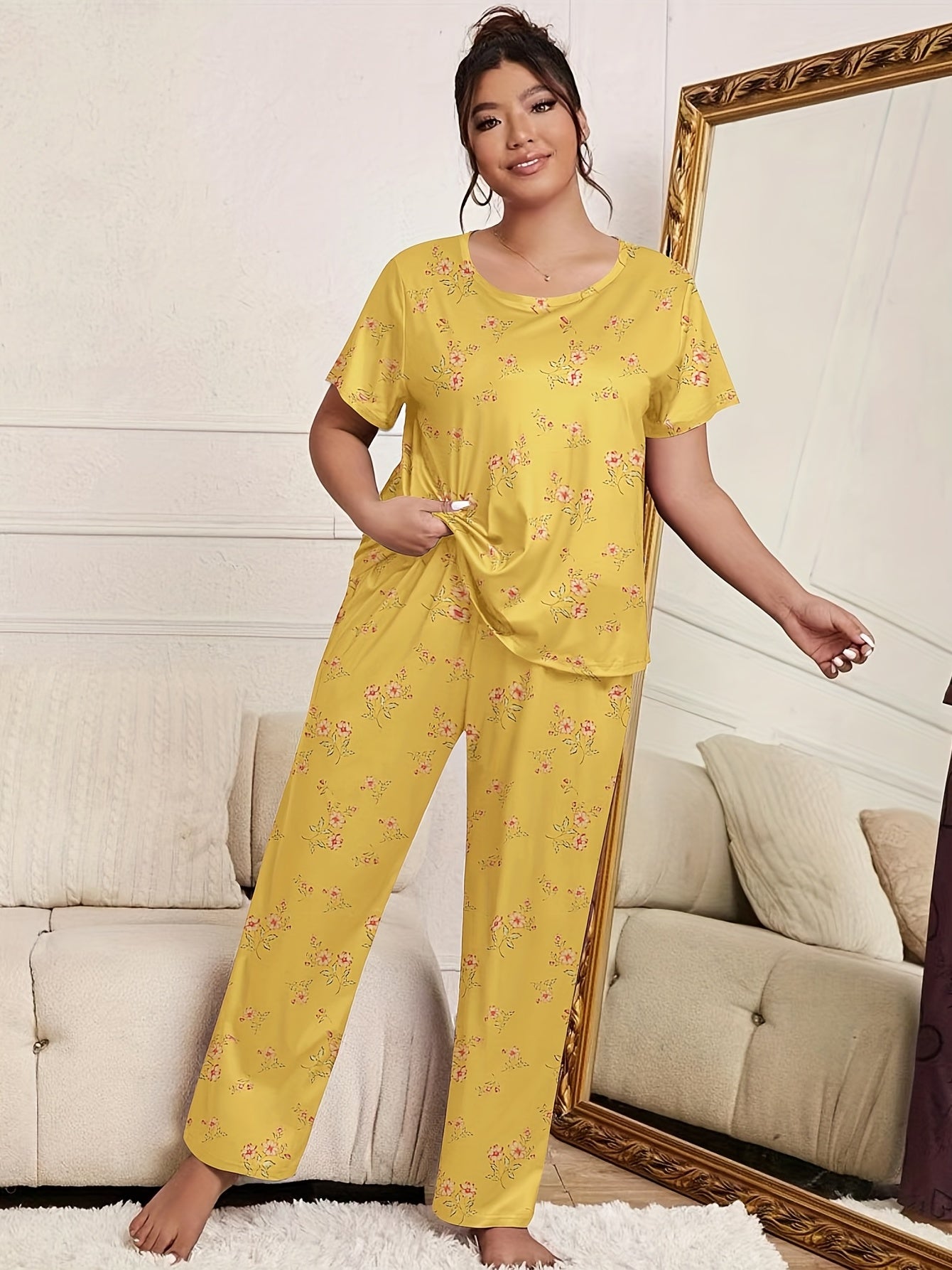  Floral Print Pajama Set Short Sleeve Top & Pants Two Piece Set