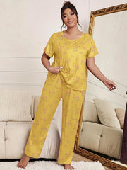  Floral Print Pajama Set Short Sleeve Top & Pants Two Piece Set