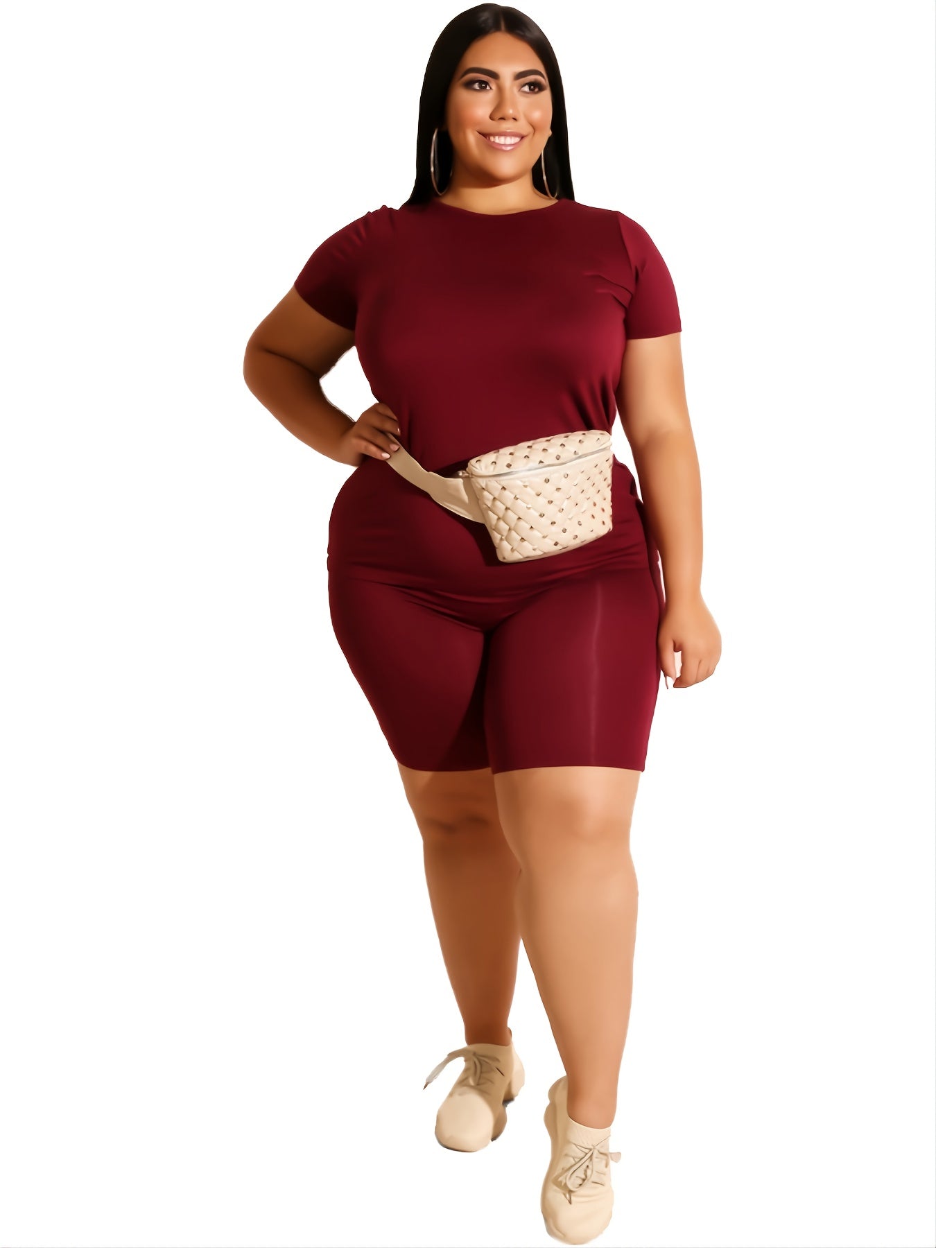  Solid Top & High Waist Skinny Shorts Set Women's Plus Co ords