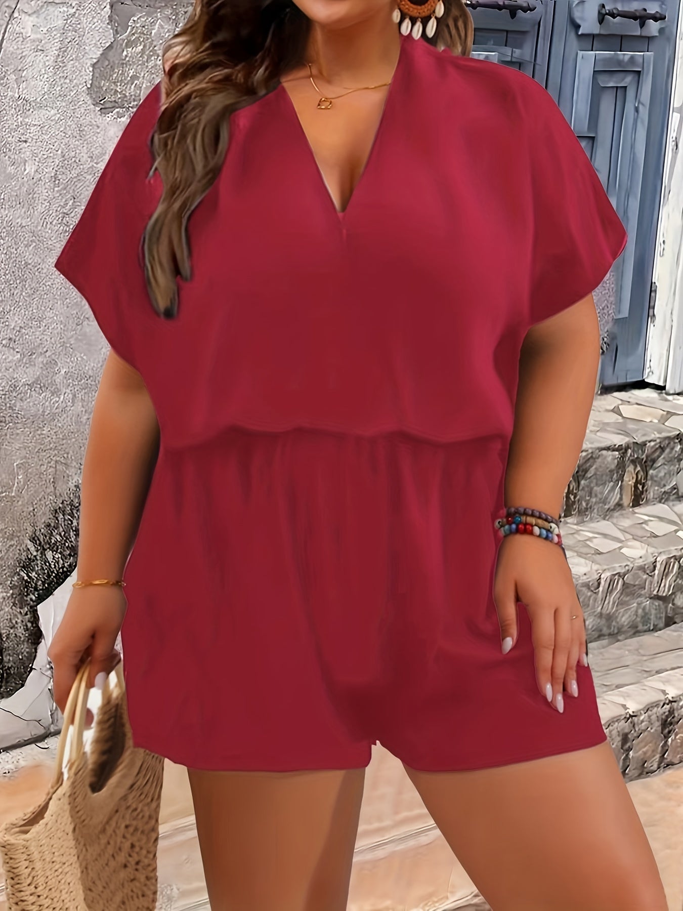  Solid Bat Sleeve Surplice Neck Romper