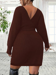  Solid Ribbed Surplice Neck Bat Sleeve Mini Dress