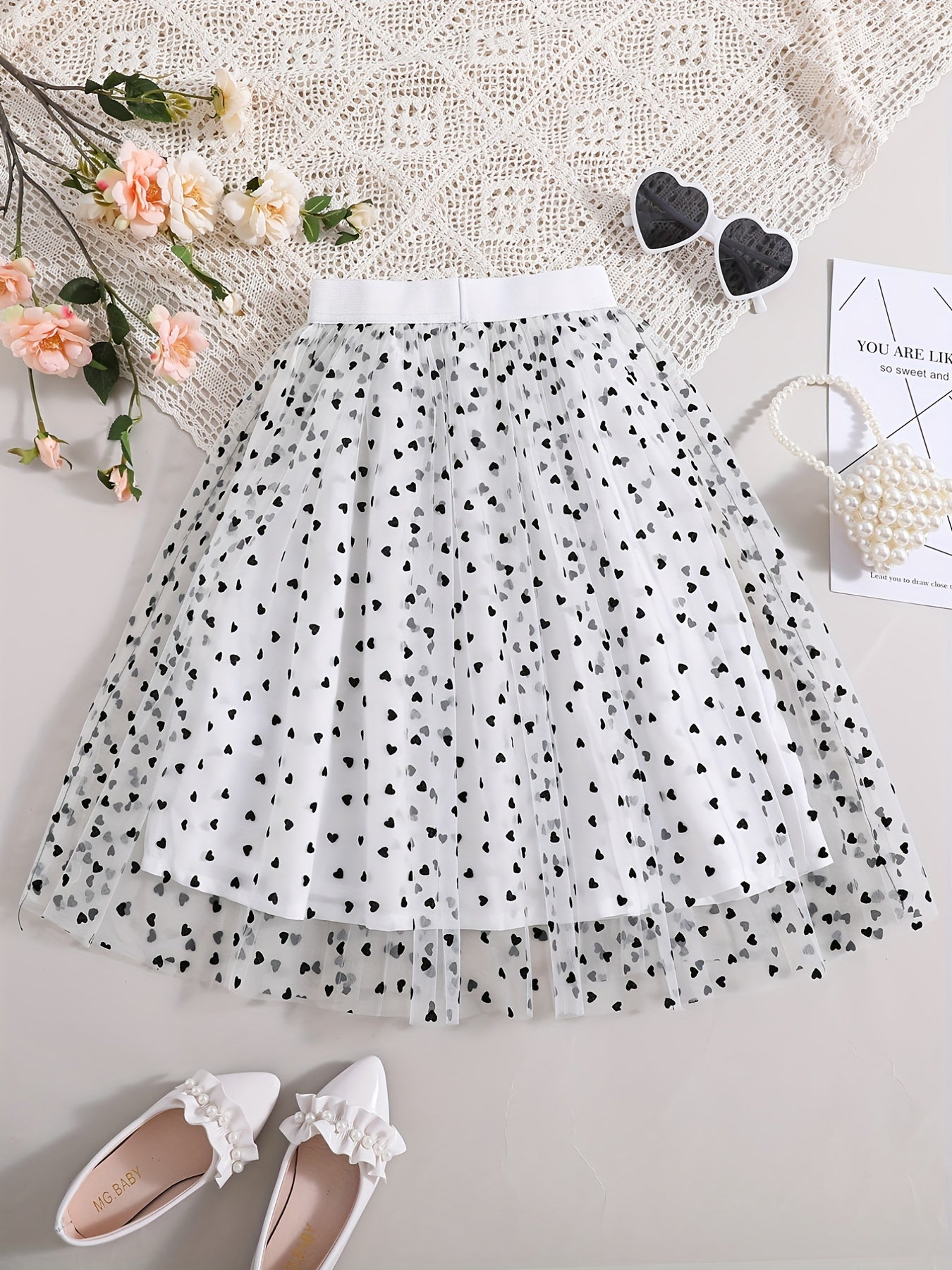 Girls Heart Graphic Mesh Tutu Skirt High Waist for Party