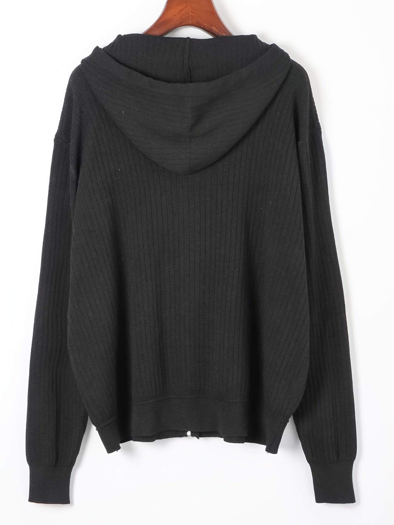  Ribbed Knit Zipper Front Hooded Cardigan