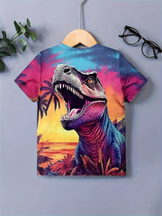 Boys Dino Print T shirt Kids Short Sleeve Top For Summer