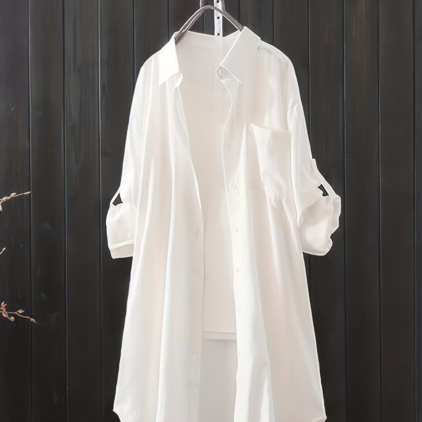 Plus Size Solid Button Up Roll Up Sleeve Blouse