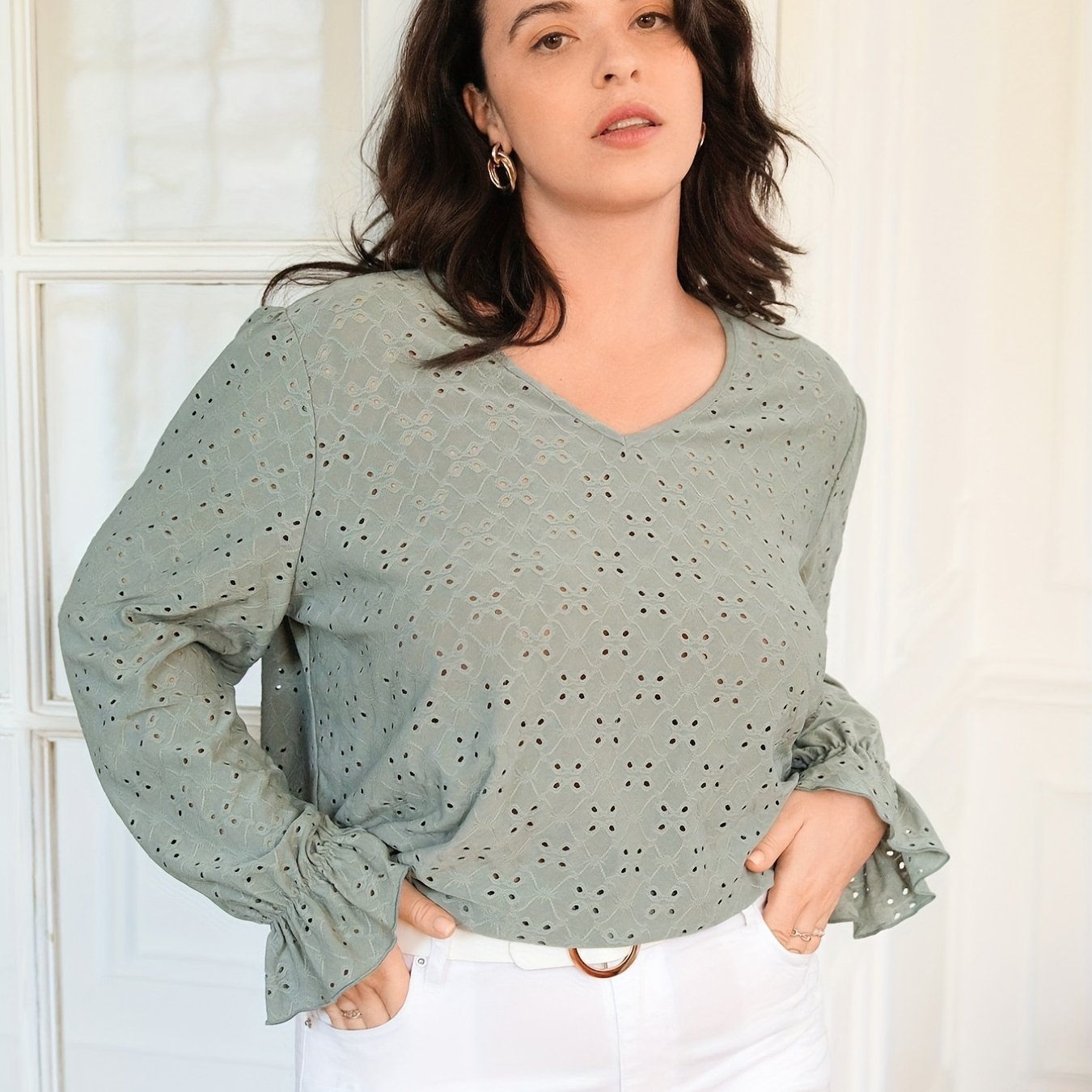  Boho Eyelet Sleeve V-Neck Blouse