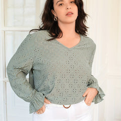  Boho Eyelet Sleeve V-Neck Blouse