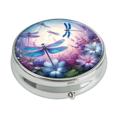 Dragonfly & Floral Round Pill Organizer 3 Compartments Portable Medicine Case