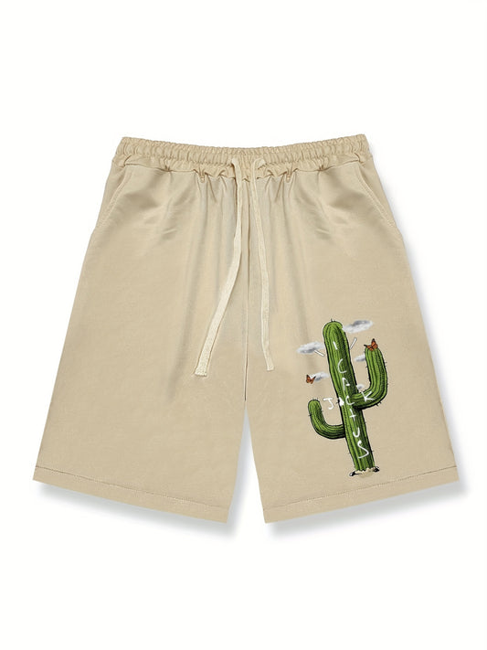 Cactus Pattern Comfy Shorts Men's Casual Solid Elastic Waist Drawstring Shorts