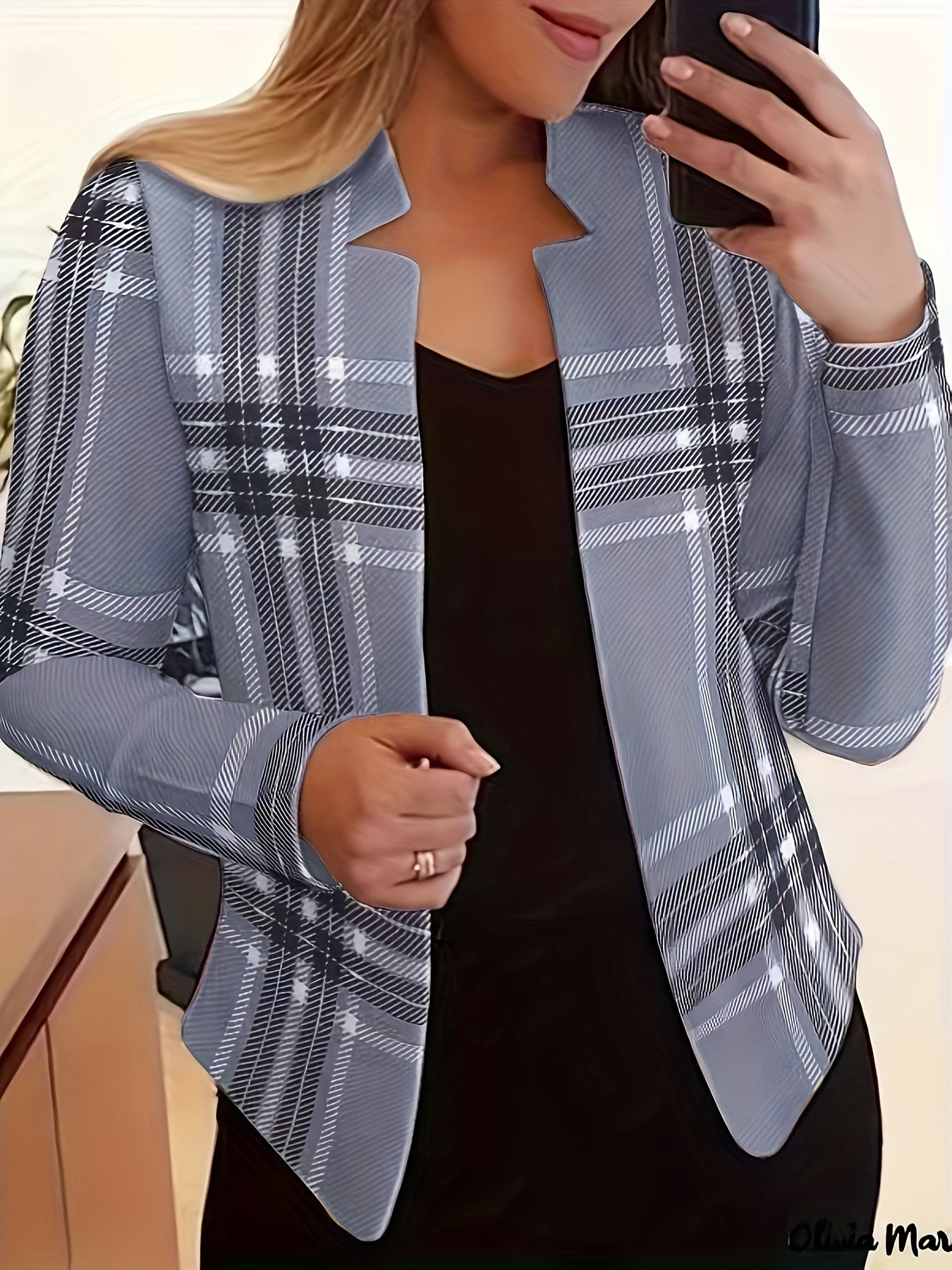  Plaid Print Long Sleeve Open Front Blazer