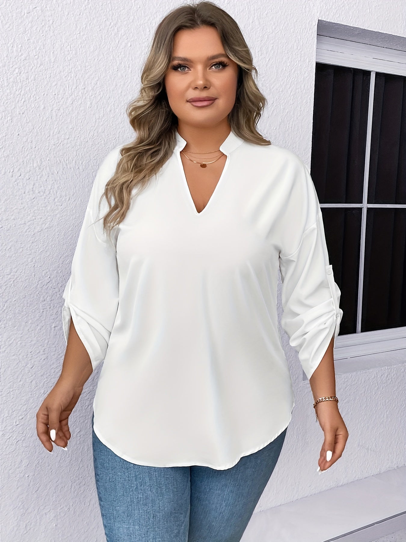  Solid Roll Up Sleeve Notched Neck Tunic Top