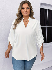  Solid Roll Up Sleeve Notched Neck Tunic Top