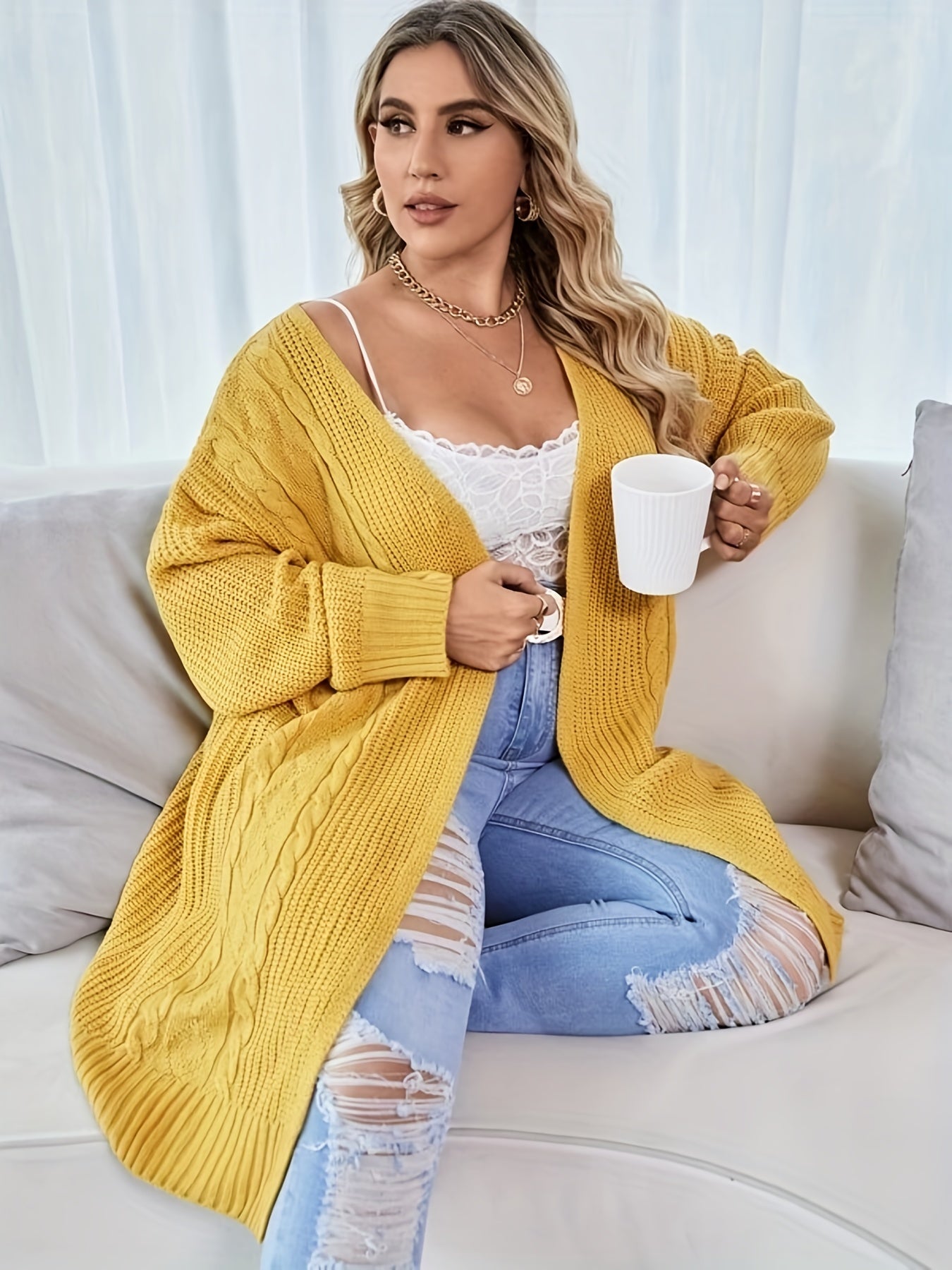  Casual Cardigan Women's Plus Solid Jacquard Long Sleeve Knit Cardigan