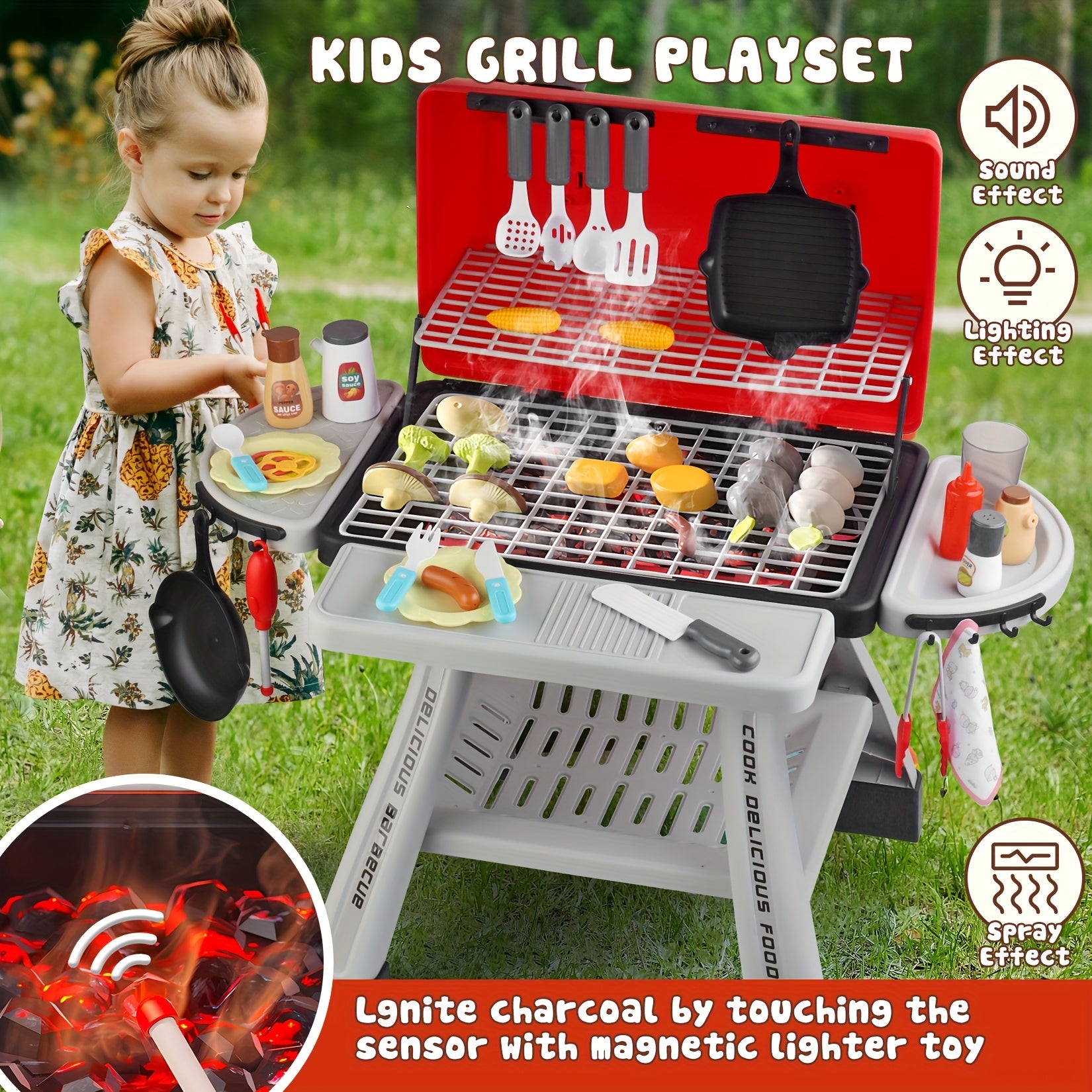 Kids BBQ Grill Playset, Realistic Sound & Light, Portable Role Play Toy