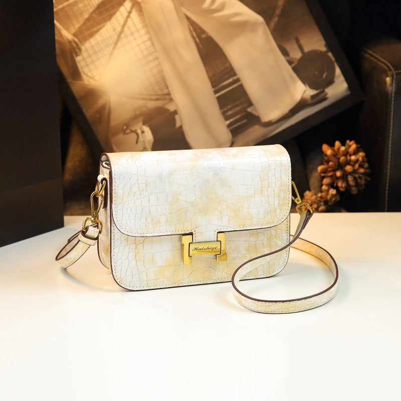 Retro Crocodile Handbag with Metal Buckle & Wrist Strap Cream Red Yellow Purple