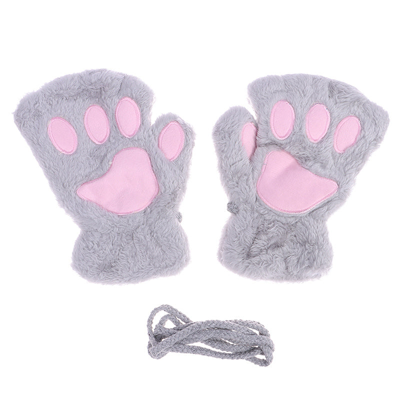 Winter Cartoon Cat Paws Gloves Girl Fingerless Plush Gloves