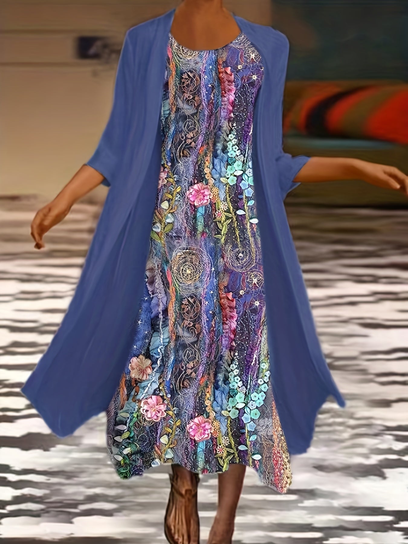 Women's Plus Floral Print Tank Dress & Long Sleeve Coat Set