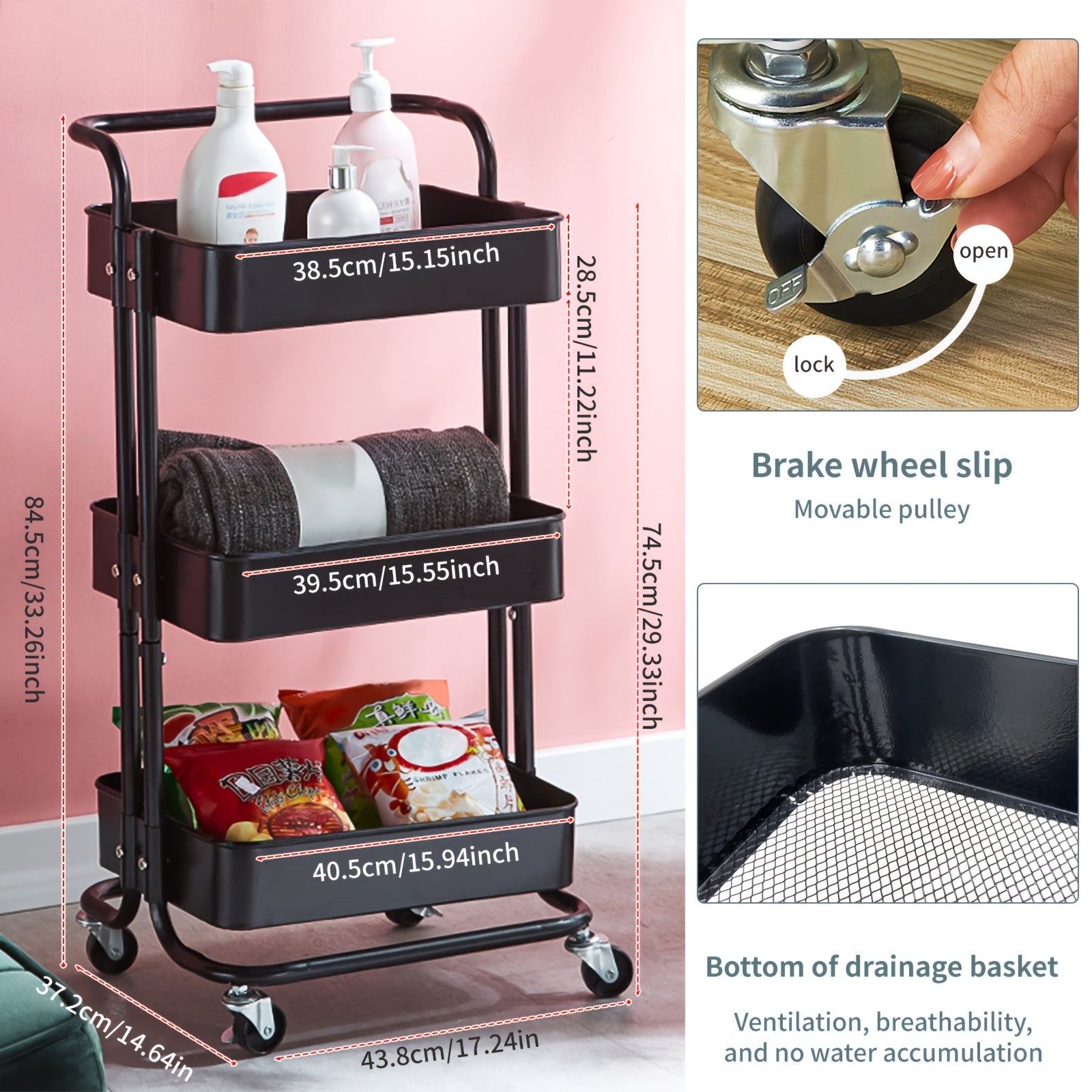 Metal Utility Cart Rolling Organization Cart Multifunction Storage Shelves