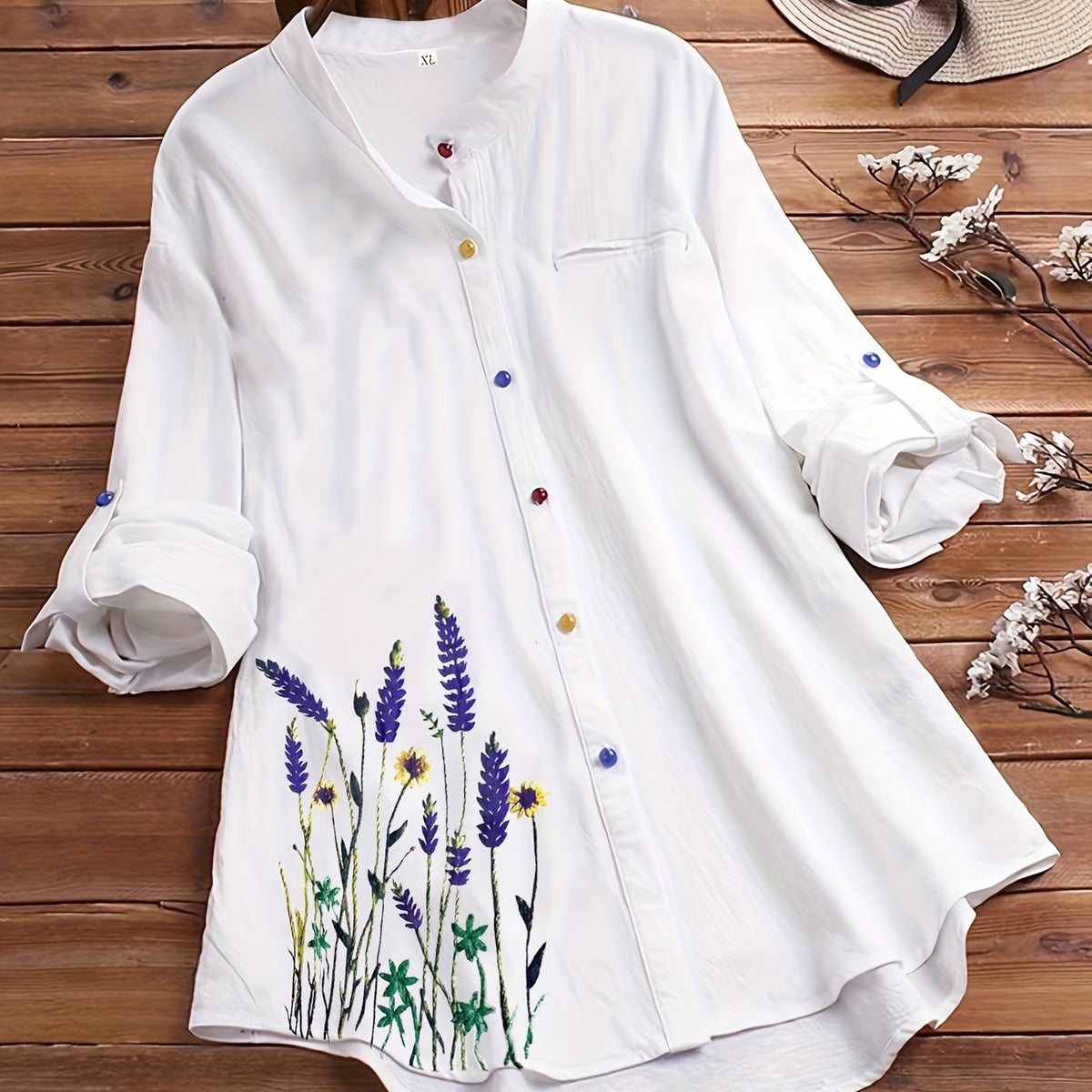  Women's Floral Print Button Up Stand Collar Blouse