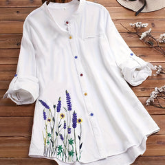  Women's Floral Print Button Up Stand Collar Blouse
