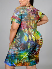  Allover Print Short Sleeve Round Neck Dress With Pockets