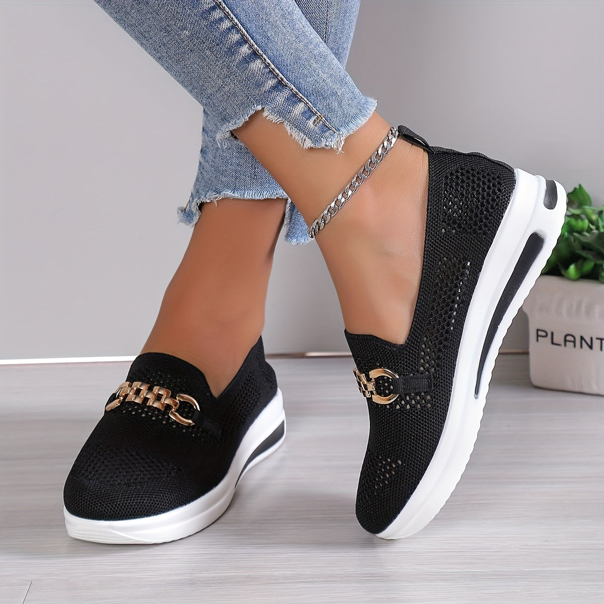 Women's Knitted Sock Shoes Metal Chain Low Top Slip On Casual Walking Sneakers