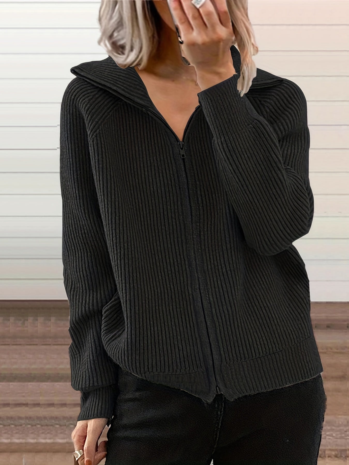  Solid Ribbed Long Sleeve Zipper Overcoat