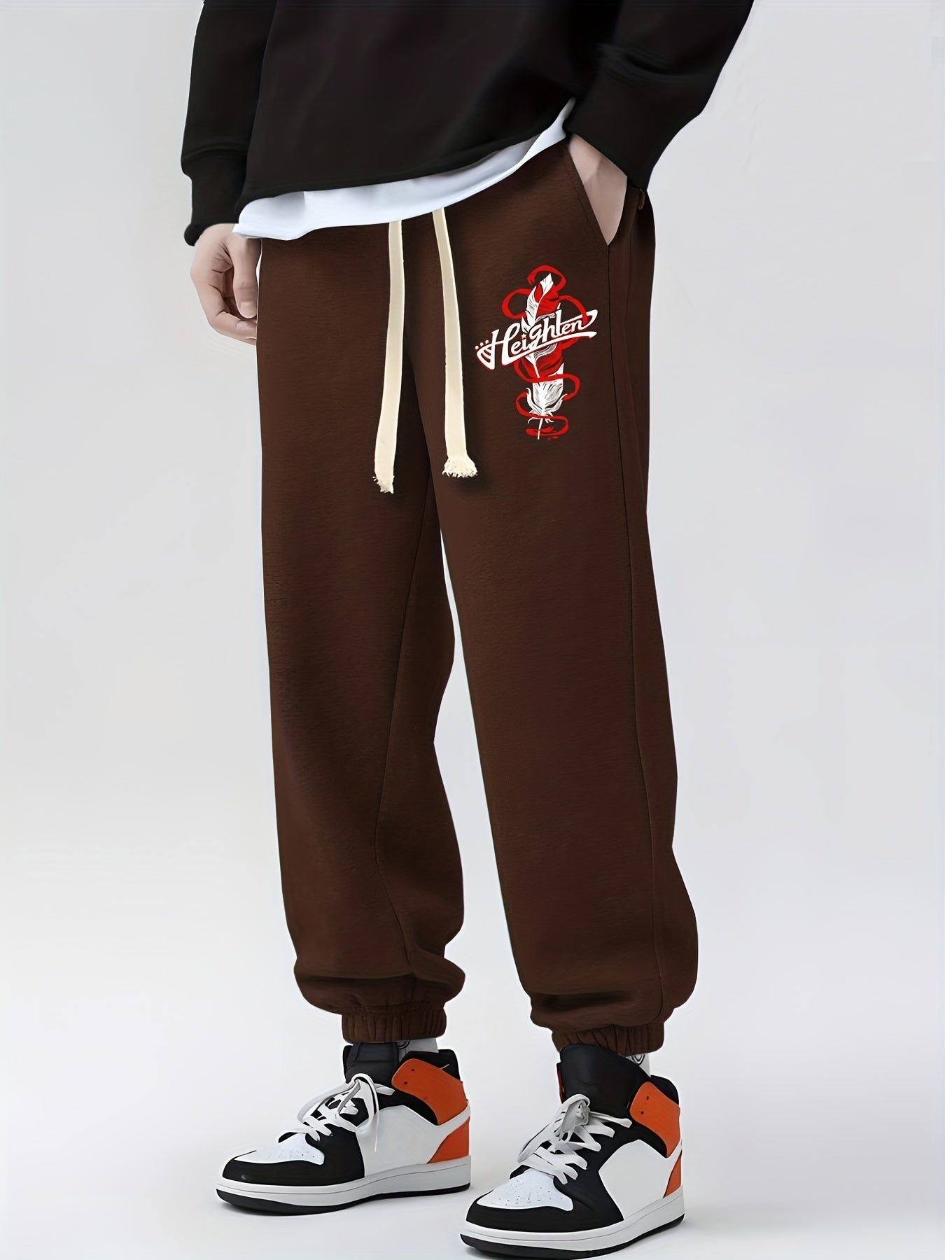 Feather Print Drawstring Sweatpants Loose Fit Pants Men's Casual Joggers