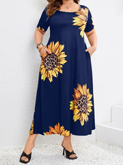  Sunflower Print Maxi Dress with Pockets
