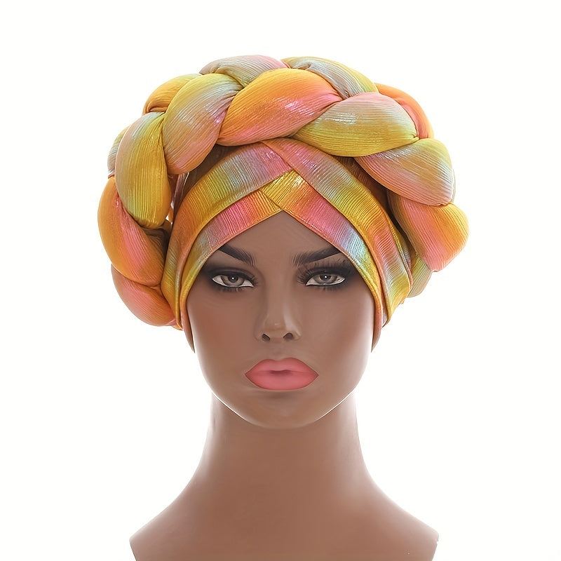 Yellow Gradient Turban Cap Braid Beanie Women Elastic Headwear