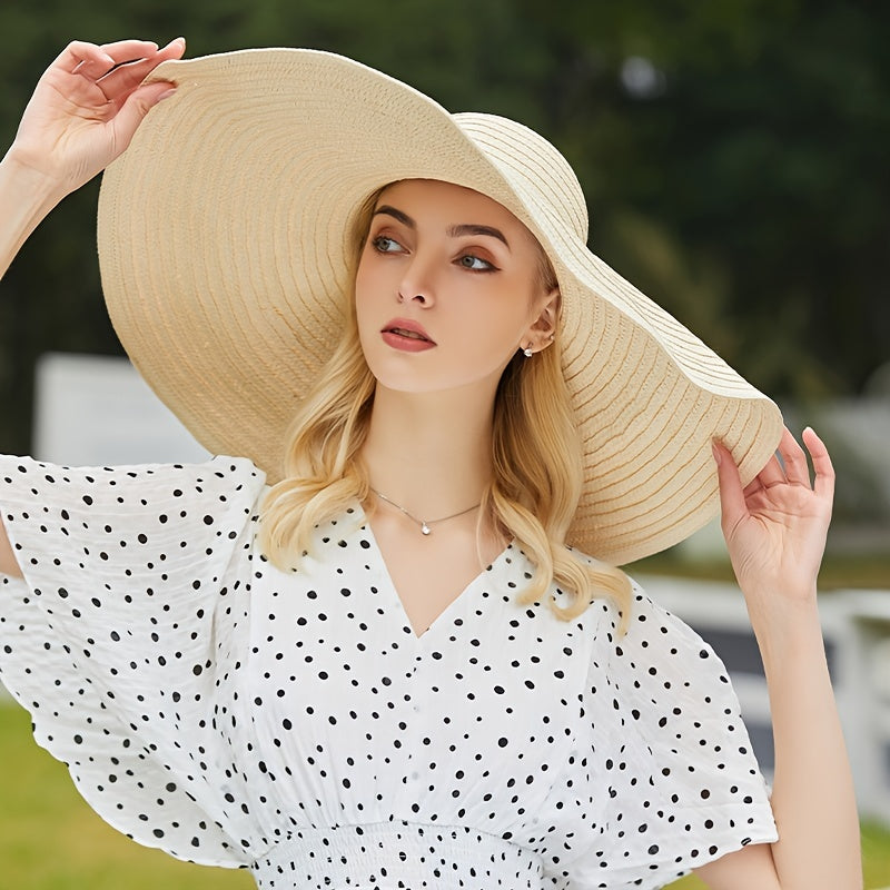 Oversized Brim Khaki Sun Hat Women Straw Beach Travel Cap