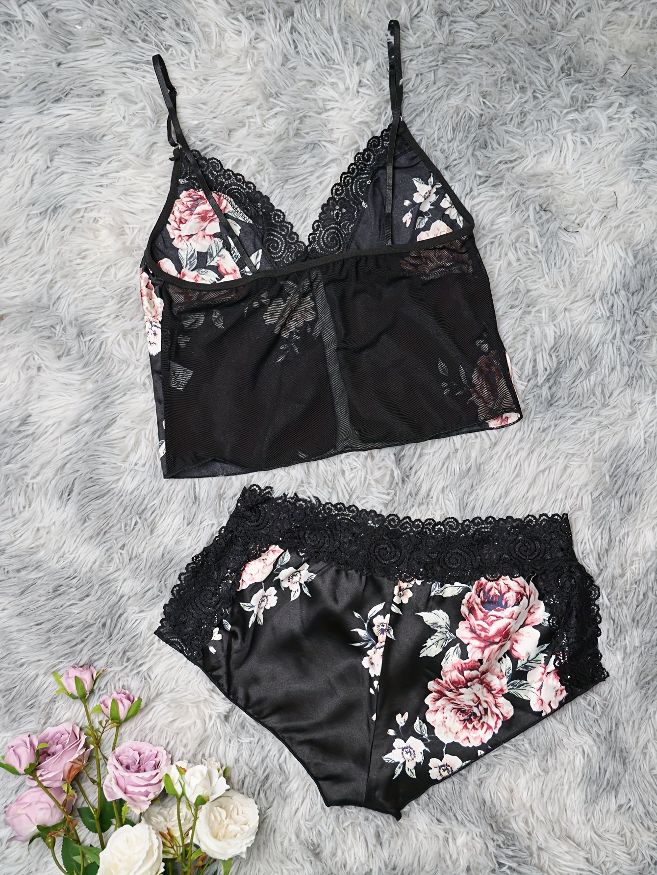 Floral Print Lace Trim V Neck Cami Top & Shorts