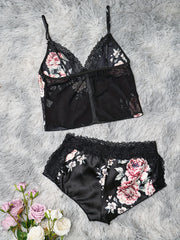 Floral Print Lace Trim V Neck Cami Top & Shorts