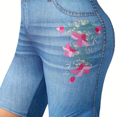  Denim & Floral Print High Rise Skinny Shorts